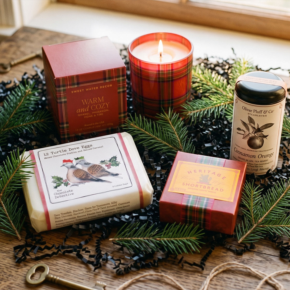 Holiday gift box styled on a wooden table featuring chocolate eggs, heritage shortbread, cinnamon orange tea and a warm and cozy holiday candle.