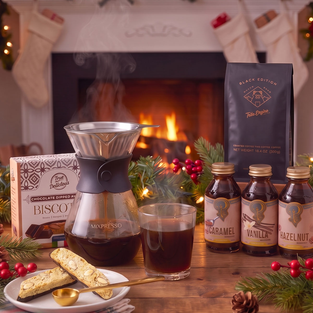 fireplace background with drip coffee maker, coffee syrups, biscotti and coffe bag on a wooden table 