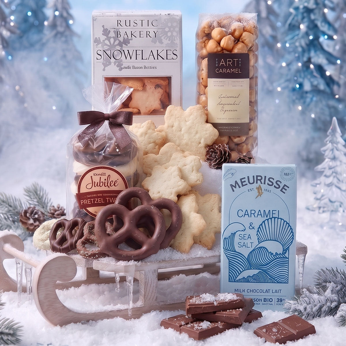 A holiday gift basket of gourmet treats arranged in a snowy display with a wooden sleigh. The set includes a box of Rustic Bakery Snowflakes cookies, a bag of Art of Caramel caramel chocolate  Pretzels and Meurisse Sea Salt Caramel chocolate.